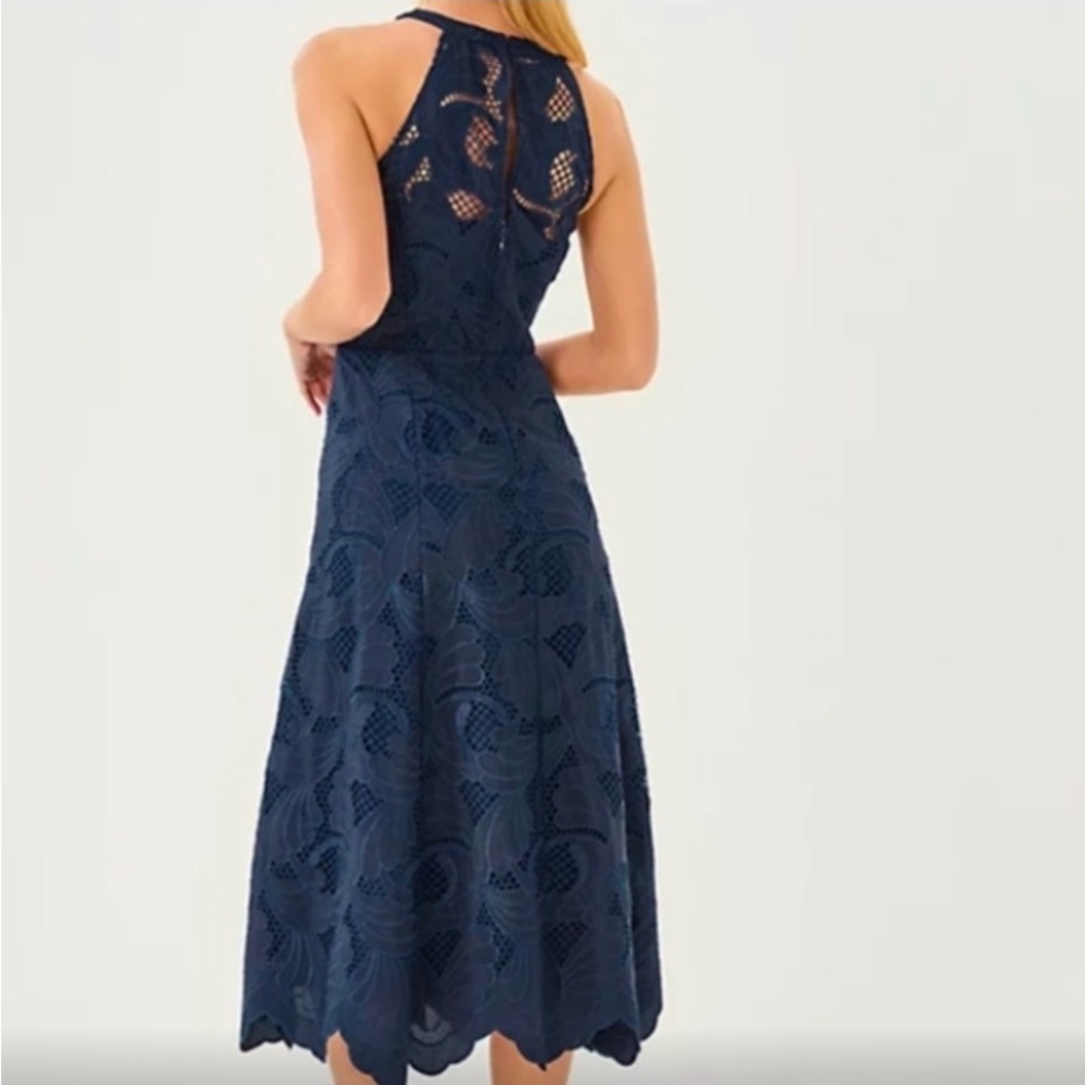 Lilly Pulitzer “Denise” Navy Blue Floral Eyelet Lace Midi Dress - Picture 2 of 11
